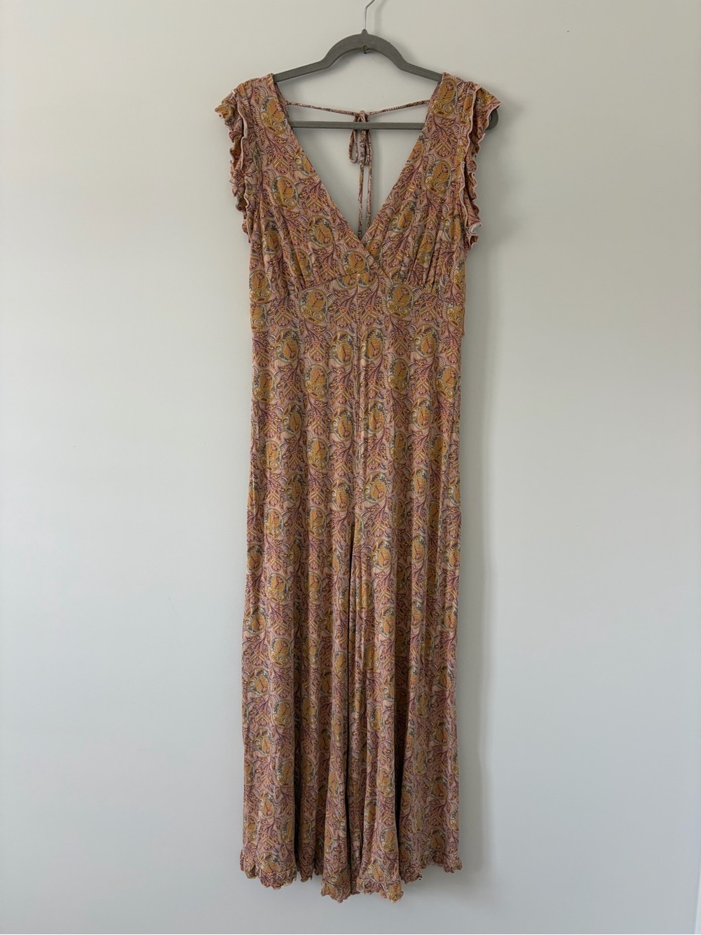 Anthropologie Matilda Pink Yellow Floral Paisley Wide Leg Ruffle Jumpsuit S